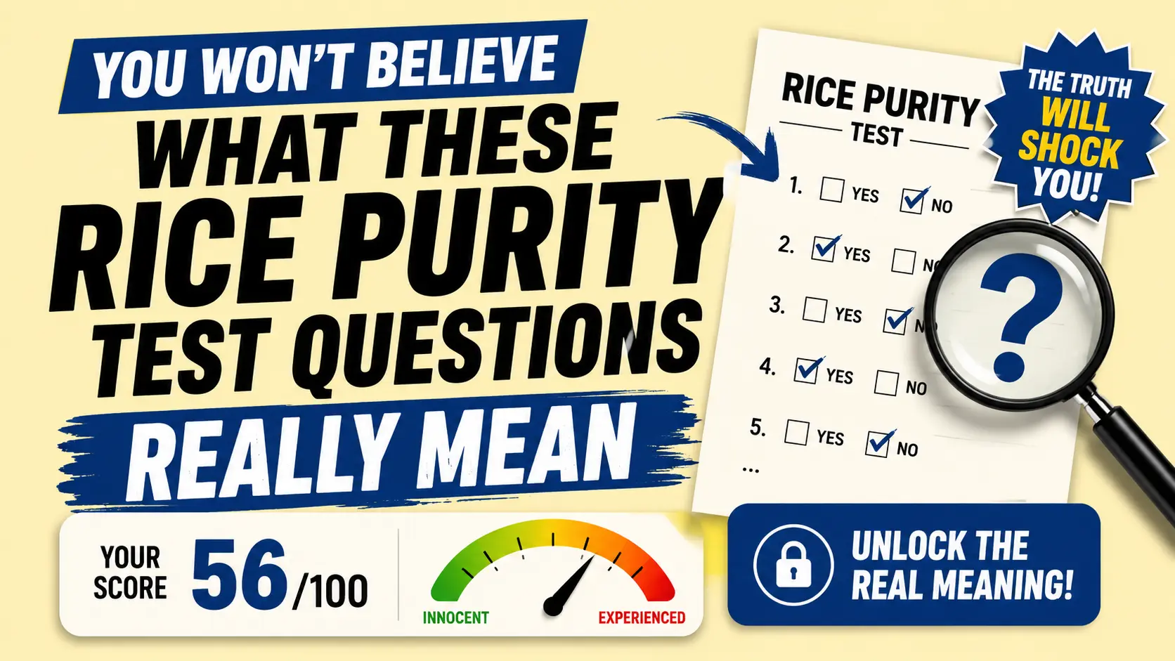 Bold YouTube style thumbnail showing Rice Purity Test questions meaning with high contrast design and attention-grabbing text